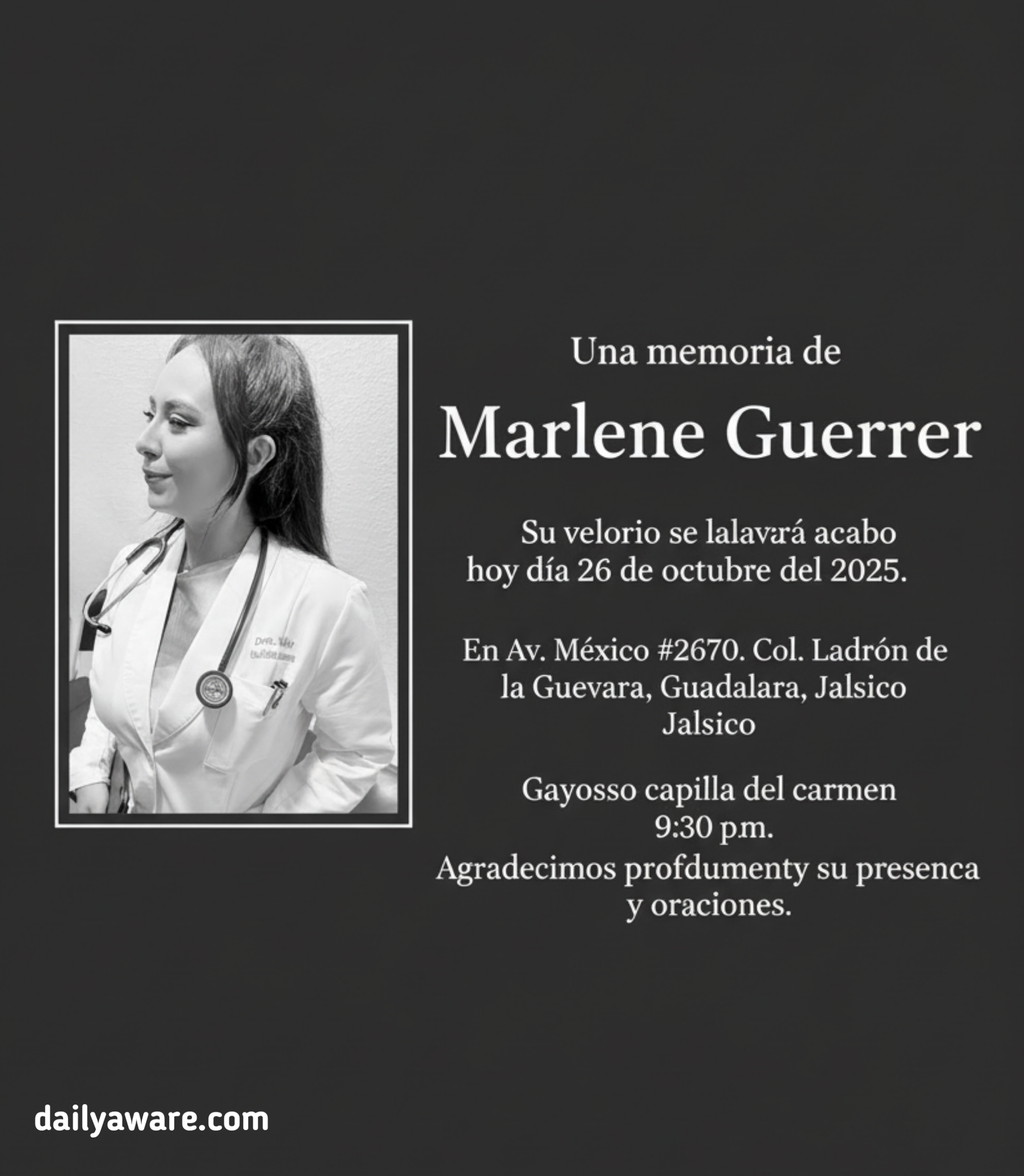A digital memorial card for Marlene Guerrero featuring elegant white serif text on a dark charcoal background. The text announces her wake in Spanish, providing details about the date, time, and location, and expresses gratitude for attendance and prayers. A small, discreet website address "dailyaware.com" is in the bottom right corner. The overall layout is clean, right-centered, and somber, styled as a formal funeral announcement.
